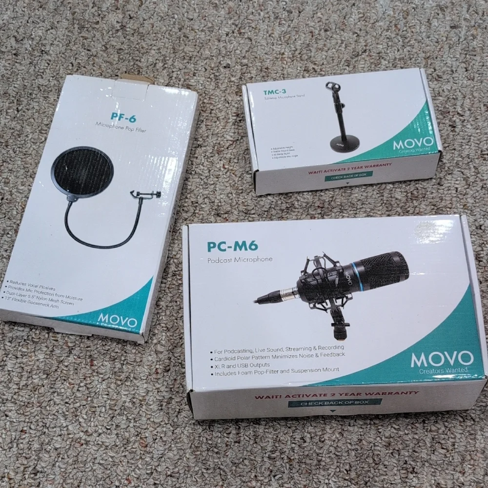 MOVO 1-Pack PC-M6 Podcast Microphone Kit with Stand and Pop Filter - Black